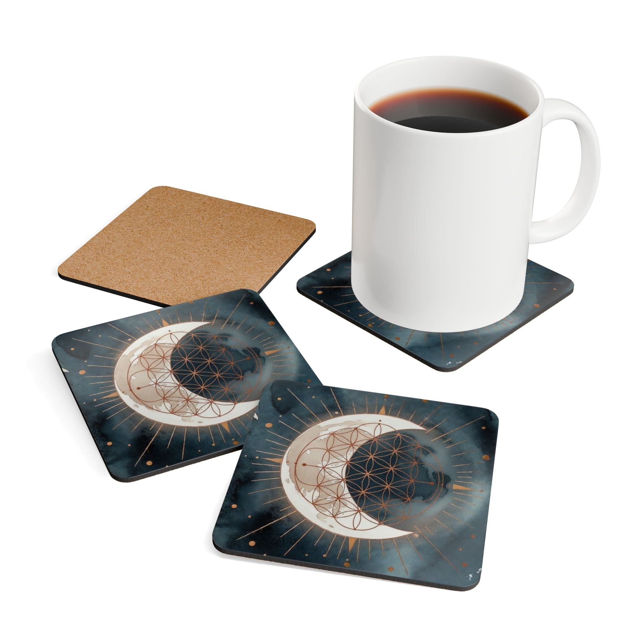 Lunar Crescent Cork Coaster Set — Black Moon Drink Coasters (Corkwood)