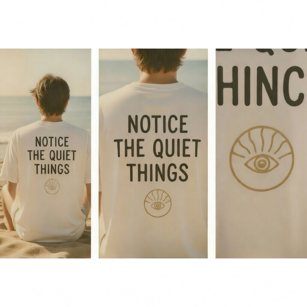 Notice the Quiet Things Tee – Minimalist Back Print T-Shirt in Natural | Aesthetic Mindful Quote Shirt