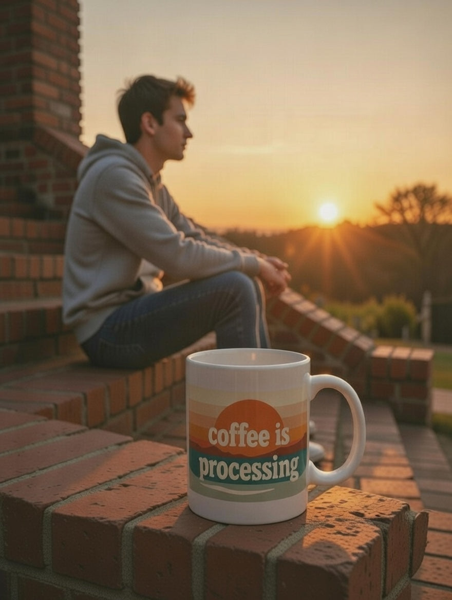 Coffee Is Processing Mug – Retro Sunset Coffee Mug (15oz) | Funny Minimalist Coffee Lover Gift