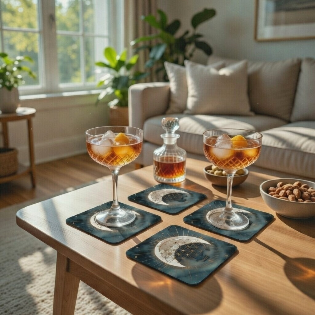 Lunar Crescent Cork Coaster Set — Black Moon Drink Coasters (Corkwood)