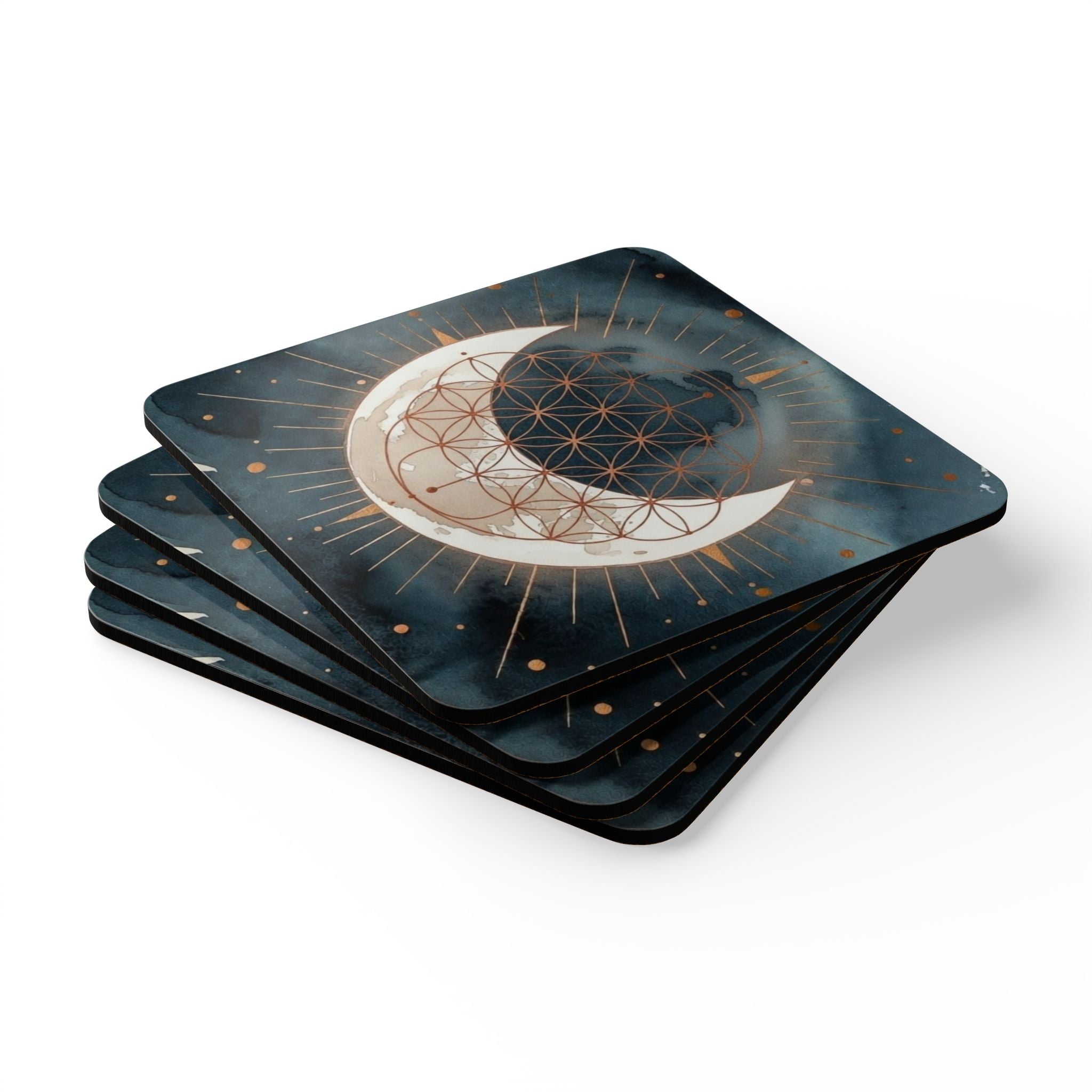 Lunar Crescent Cork Coaster Set — Black Moon Drink Coasters (Corkwood)